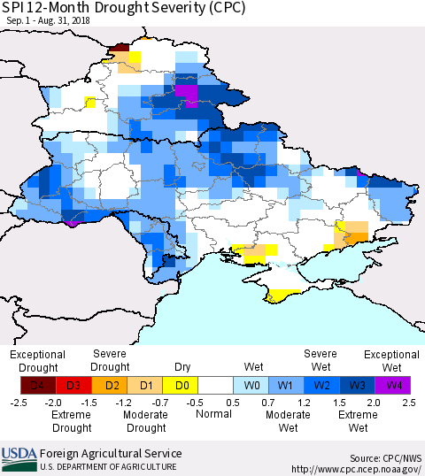 Ukraine, Moldova and Belarus SPI 12-Month Drought Severity (CPC) Thematic Map For 9/1/2017 - 8/31/2018