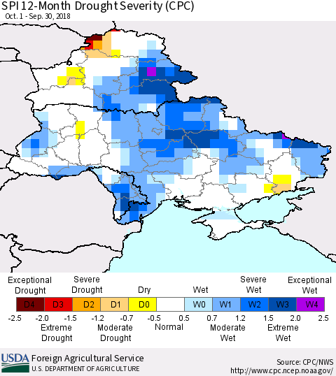 Ukraine, Moldova and Belarus SPI 12-Month Drought Severity (CPC) Thematic Map For 10/1/2017 - 9/30/2018