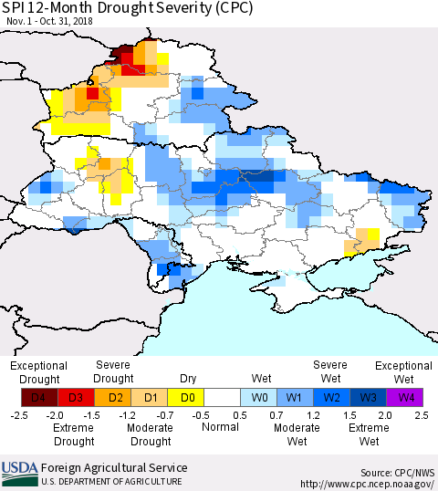 Ukraine, Moldova and Belarus SPI 12-Month Drought Severity (CPC) Thematic Map For 11/1/2017 - 10/31/2018
