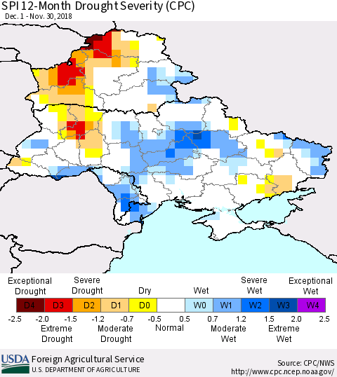 Ukraine, Moldova and Belarus SPI 12-Month Drought Severity (CPC) Thematic Map For 12/1/2017 - 11/30/2018