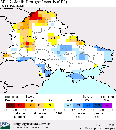 Ukraine, Moldova and Belarus SPI 12-Month Drought Severity (CPC) Thematic Map For 1/1/2018 - 12/31/2018