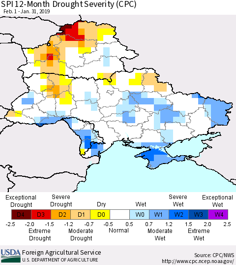 Ukraine, Moldova and Belarus SPI 12-Month Drought Severity (CPC) Thematic Map For 2/1/2018 - 1/31/2019