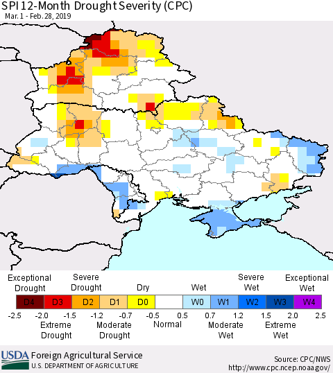 Ukraine, Moldova and Belarus SPI 12-Month Drought Severity (CPC) Thematic Map For 3/1/2018 - 2/28/2019