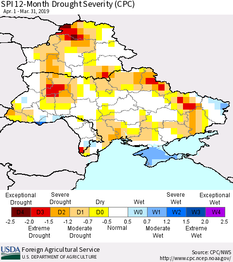 Ukraine, Moldova and Belarus SPI 12-Month Drought Severity (CPC) Thematic Map For 4/1/2018 - 3/31/2019
