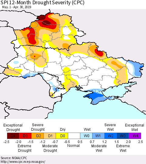 Ukraine, Moldova and Belarus SPI 12-Month Drought Severity (CPC) Thematic Map For 5/1/2018 - 4/30/2019