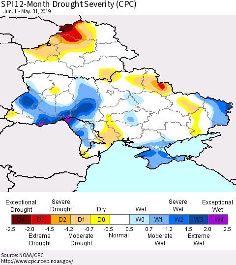 Ukraine, Moldova and Belarus SPI 12-Month Drought Severity (CPC) Thematic Map For 6/1/2018 - 5/31/2019