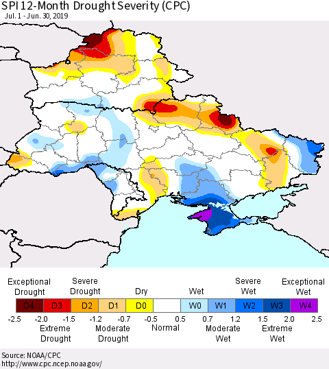 Ukraine, Moldova and Belarus SPI 12-Month Drought Severity (CPC) Thematic Map For 7/1/2018 - 6/30/2019