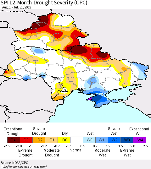 Ukraine, Moldova and Belarus SPI 12-Month Drought Severity (CPC) Thematic Map For 8/1/2018 - 7/31/2019