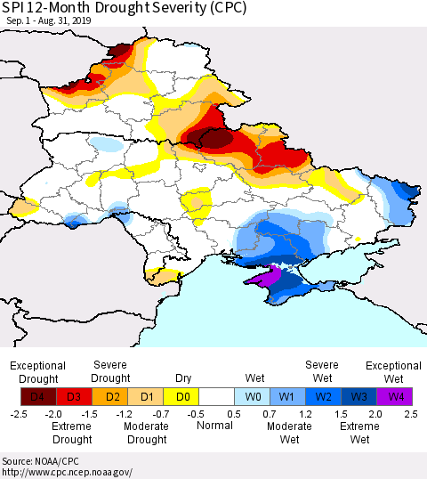 Ukraine, Moldova and Belarus SPI 12-Month Drought Severity (CPC) Thematic Map For 9/1/2018 - 8/31/2019