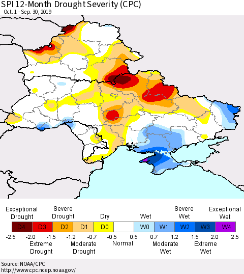 Ukraine, Moldova and Belarus SPI 12-Month Drought Severity (CPC) Thematic Map For 10/1/2018 - 9/30/2019
