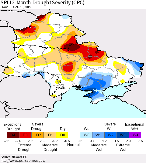 Ukraine, Moldova and Belarus SPI 12-Month Drought Severity (CPC) Thematic Map For 11/1/2018 - 10/31/2019