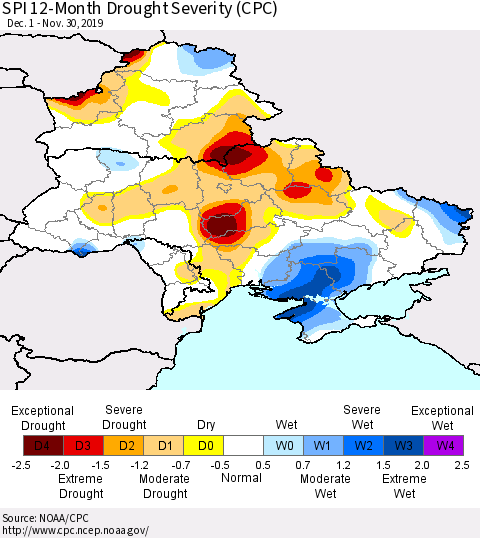 Ukraine, Moldova and Belarus SPI 12-Month Drought Severity (CPC) Thematic Map For 12/1/2018 - 11/30/2019