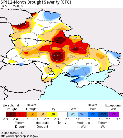 Ukraine, Moldova and Belarus SPI 12-Month Drought Severity (CPC) Thematic Map For 1/1/2019 - 12/31/2019