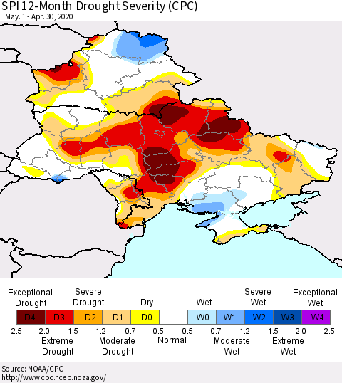 Ukraine, Moldova and Belarus SPI 12-Month Drought Severity (CPC) Thematic Map For 5/1/2019 - 4/30/2020
