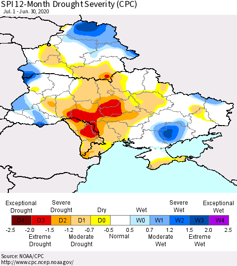 Ukraine, Moldova and Belarus SPI 12-Month Drought Severity (CPC) Thematic Map For 7/1/2019 - 6/30/2020