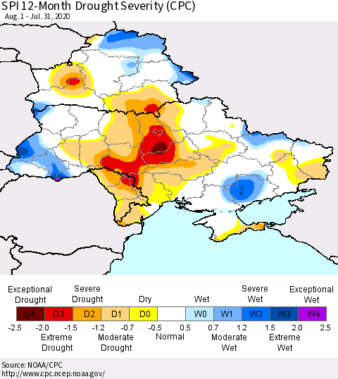 Ukraine, Moldova and Belarus SPI 12-Month Drought Severity (CPC) Thematic Map For 8/1/2019 - 7/31/2020