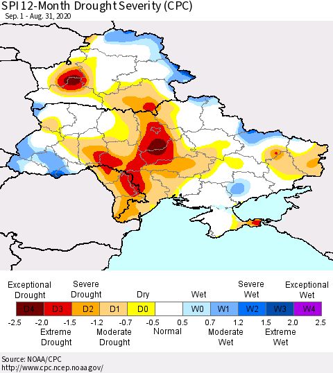 Ukraine, Moldova and Belarus SPI 12-Month Drought Severity (CPC) Thematic Map For 9/1/2019 - 8/31/2020