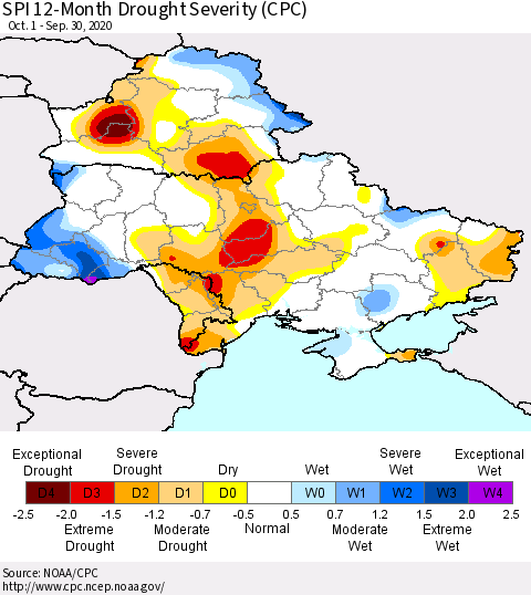 Ukraine, Moldova and Belarus SPI 12-Month Drought Severity (CPC) Thematic Map For 10/1/2019 - 9/30/2020