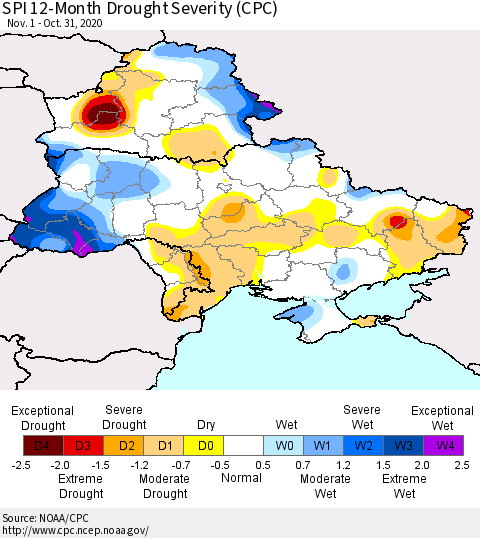 Ukraine, Moldova and Belarus SPI 12-Month Drought Severity (CPC) Thematic Map For 11/1/2019 - 10/31/2020