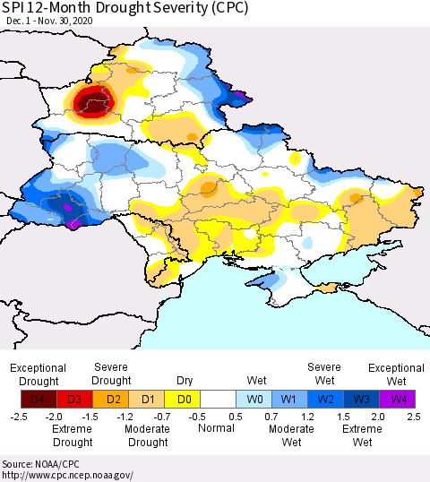 Ukraine, Moldova and Belarus SPI 12-Month Drought Severity (CPC) Thematic Map For 12/1/2019 - 11/30/2020