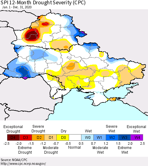 Ukraine, Moldova and Belarus SPI 12-Month Drought Severity (CPC) Thematic Map For 1/1/2020 - 12/31/2020