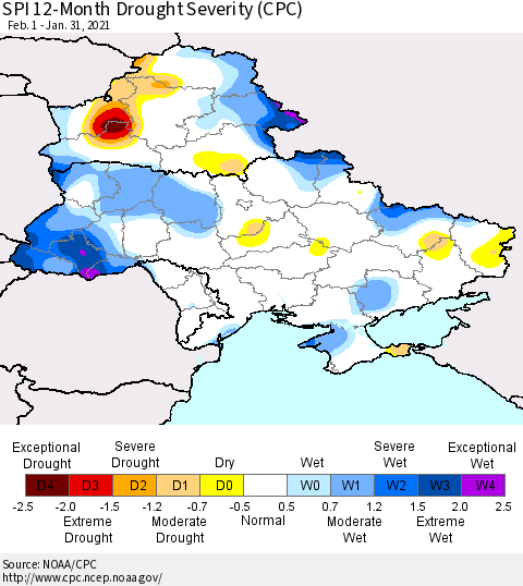 Ukraine, Moldova and Belarus SPI 12-Month Drought Severity (CPC) Thematic Map For 2/1/2020 - 1/31/2021