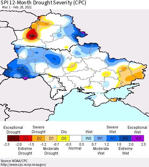 Ukraine, Moldova and Belarus SPI 12-Month Drought Severity (CPC) Thematic Map For 3/1/2020 - 2/28/2021