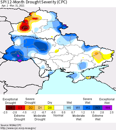 Ukraine, Moldova and Belarus SPI 12-Month Drought Severity (CPC) Thematic Map For 4/1/2020 - 3/31/2021