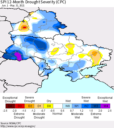 Ukraine, Moldova and Belarus SPI 12-Month Drought Severity (CPC) Thematic Map For 6/1/2020 - 5/31/2021