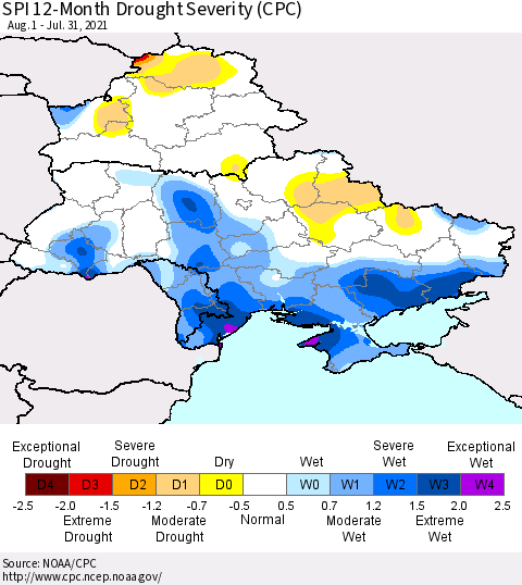 Ukraine, Moldova and Belarus SPI 12-Month Drought Severity (CPC) Thematic Map For 8/1/2020 - 7/31/2021