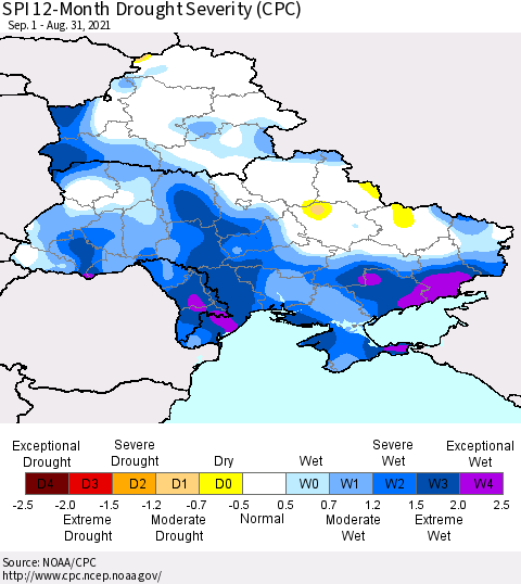 Ukraine, Moldova and Belarus SPI 12-Month Drought Severity (CPC) Thematic Map For 9/1/2020 - 8/31/2021