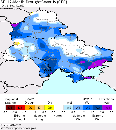 Ukraine, Moldova and Belarus SPI 12-Month Drought Severity (CPC) Thematic Map For 10/1/2020 - 9/30/2021