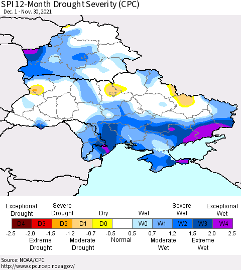 Ukraine, Moldova and Belarus SPI 12-Month Drought Severity (CPC) Thematic Map For 12/1/2020 - 11/30/2021