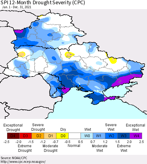 Ukraine, Moldova and Belarus SPI 12-Month Drought Severity (CPC) Thematic Map For 1/1/2021 - 12/31/2021