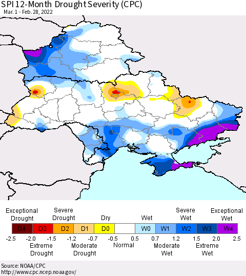 Ukraine, Moldova and Belarus SPI 12-Month Drought Severity (CPC) Thematic Map For 3/1/2021 - 2/28/2022