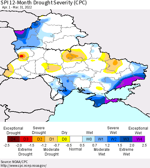 Ukraine, Moldova and Belarus SPI 12-Month Drought Severity (CPC) Thematic Map For 4/1/2021 - 3/31/2022
