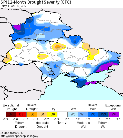Ukraine, Moldova and Belarus SPI 12-Month Drought Severity (CPC) Thematic Map For 5/1/2021 - 4/30/2022