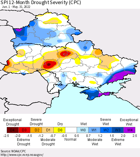 Ukraine, Moldova and Belarus SPI 12-Month Drought Severity (CPC) Thematic Map For 6/1/2021 - 5/31/2022