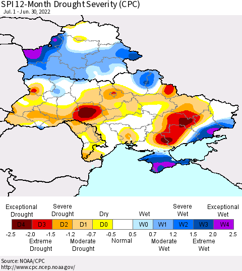 Ukraine, Moldova and Belarus SPI 12-Month Drought Severity (CPC) Thematic Map For 7/1/2021 - 6/30/2022