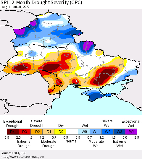 Ukraine, Moldova and Belarus SPI 12-Month Drought Severity (CPC) Thematic Map For 8/1/2021 - 7/31/2022