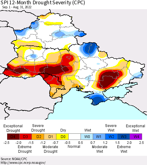 Ukraine, Moldova and Belarus SPI 12-Month Drought Severity (CPC) Thematic Map For 9/1/2021 - 8/31/2022