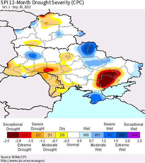 Ukraine, Moldova and Belarus SPI 12-Month Drought Severity (CPC) Thematic Map For 10/1/2021 - 9/30/2022