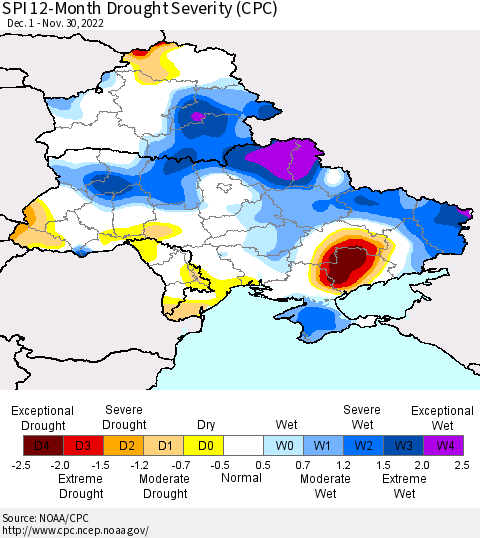 Ukraine, Moldova and Belarus SPI 12-Month Drought Severity (CPC) Thematic Map For 12/1/2021 - 11/30/2022