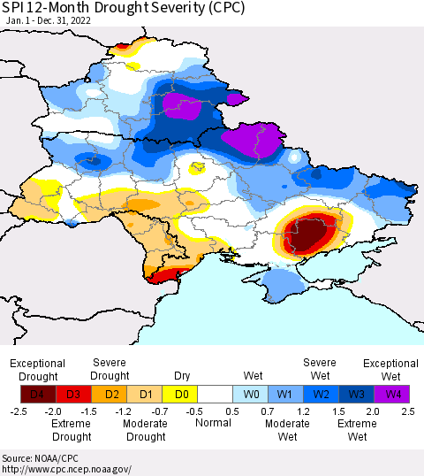 Ukraine, Moldova and Belarus SPI 12-Month Drought Severity (CPC) Thematic Map For 1/1/2022 - 12/31/2022