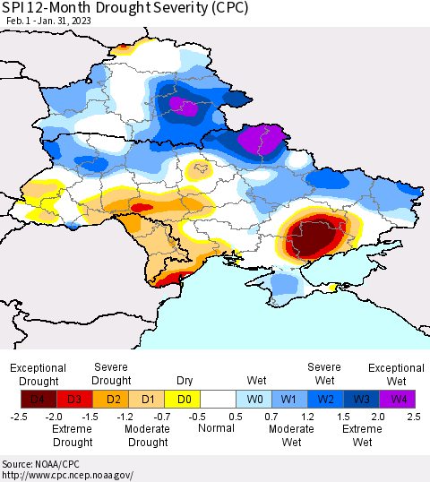 Ukraine, Moldova and Belarus SPI 12-Month Drought Severity (CPC) Thematic Map For 2/1/2022 - 1/31/2023
