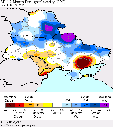 Ukraine, Moldova and Belarus SPI 12-Month Drought Severity (CPC) Thematic Map For 3/1/2022 - 2/28/2023