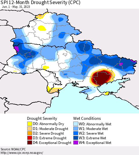 Ukraine, Moldova and Belarus SPI 12-Month Drought Severity (CPC) Thematic Map For 6/1/2022 - 5/31/2023