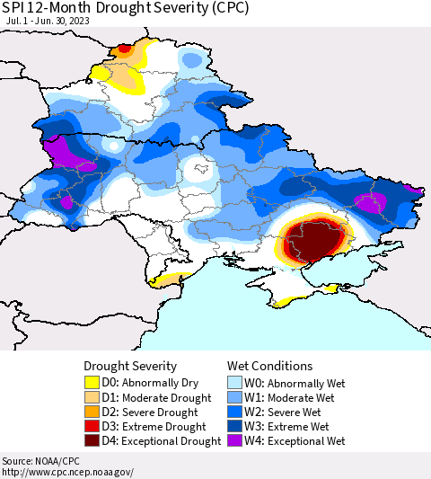 Ukraine, Moldova and Belarus SPI 12-Month Drought Severity (CPC) Thematic Map For 7/1/2022 - 6/30/2023