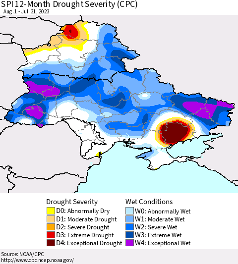 Ukraine, Moldova and Belarus SPI 12-Month Drought Severity (CPC) Thematic Map For 8/1/2022 - 7/31/2023