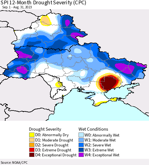 Ukraine, Moldova and Belarus SPI 12-Month Drought Severity (CPC) Thematic Map For 9/1/2022 - 8/31/2023